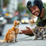 flagrei um motorista da amazon parando para brincar com dois gatos captados pela câmera. uma cena adorável que mostra um momento de carinho inesperado durante o trabalho.