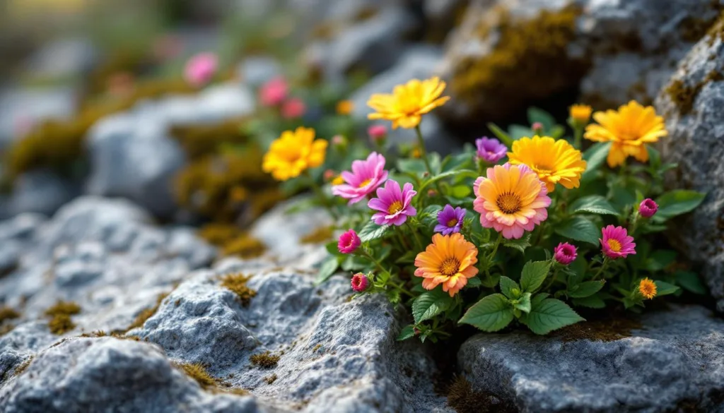 flores que crescem nas rochas sem a necessidade de adubo ou fertilizante, mostrando a força da natureza mesmo em ambientes difíceis.